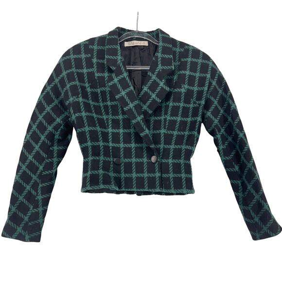 Tahari Cropped Plaid Blazer Green Black Wool 90s Double Breasted Made in USA 8 - Picture 1 of 6